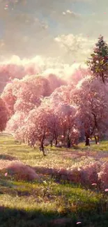 Dreamy pink forest landscape with blossoming trees under a soft sky.