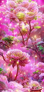 Fantasy flora with glowing lanterns in pink hues.