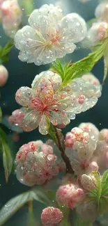 Close-up of blossoming flowers with dewdrops on a leafy background.