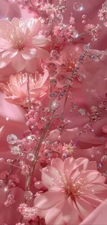 Blooming pink flowers and sparkling decorations on silky background wallpaper.