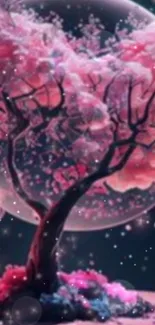 A pink cherry blossom tree under a starry galaxy sky.