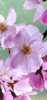 Pink cherry blossoms mobile wallpaper with a green bokeh background.