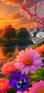 Vibrant flowers with sunset reflection on water in a serene landscape.