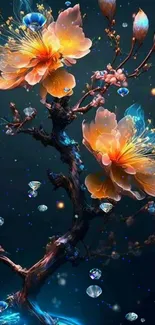 Blossoming tree with vibrant flowers digital wallpaper.