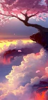 Fantasy landscape with pink tree on cliff, vibrant sky.