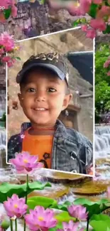 Smiling child amidst pink blossoms and waterfalls.