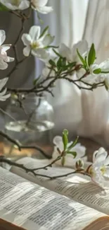 Open book with white blossoms in natural light.