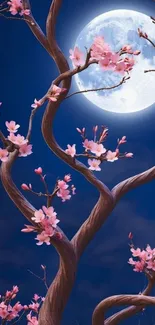 Cherry blossoms under full moon in serene night sky.