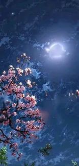 Cherry blossoms under a starry night sky with a glowing moon.