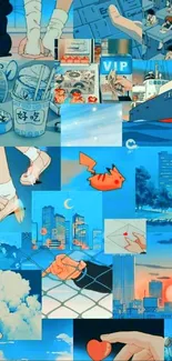 Anime collage wallpaper with blue aesthetic and urban elements.