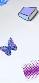 Blue butterfly on pastel geometric design wallpaper.