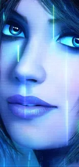 Stylized digital art of a woman's face in blue tones, perfect for phone wallpaper.