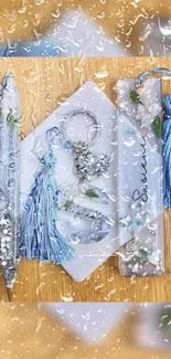 Blue aesthetic wallpaper with rain, tassels, and glitter elements.