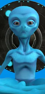 Blue alien meditating with a sci-fi backdrop.