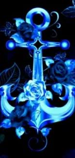 Blue anchor with vibrant roses on dark background.