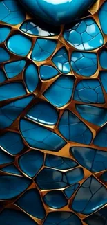 Blue and gold abstract art with cracked glass effect.