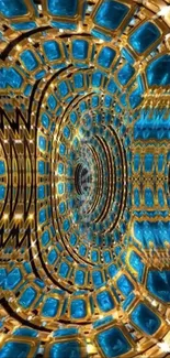 Blue and gold abstract tunnel wallpaper with a mesmerizing pattern.