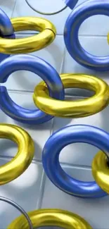 Interlocking blue and gold rings on a modern background.