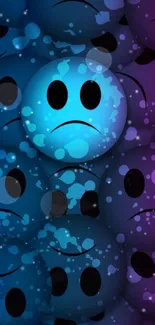 Colorful blue and purple emoji wallpaper with crying faces.