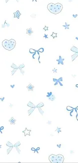 Blue and white wallpaper with bows, stars, and hearts.