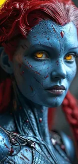 Blue-skinned android fantasy art with vibrant red hair and glowing eyes.