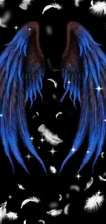 Mobile wallpaper with blue angel wings and white feathers on a dark background.