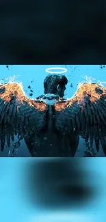 Silhouette of angel with flaming wings on blue background.