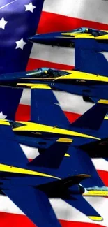 Four Blue Angels jets flying over the USA flag in formation.