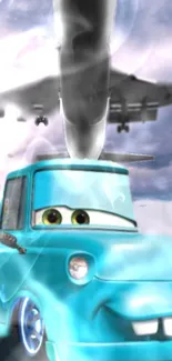 Blue animated car with plane and clouds in background