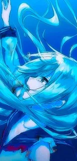 Anime girl with flowing blue hair underwater, serene ocean backdrop.