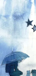 Anime character under umbrella with stars in a dreamy blue scene.