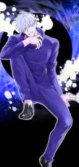 Anime character in blue with dynamic background.