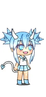 Anime character with blue hair and horns on a light background.