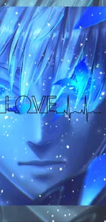 Anime character with blue eyes and love heartbeat on wallpaper.