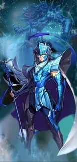 Fantasy warrior in blue armor with dynamic energy background.