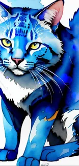 Artistic blue cat watercolor mobile wallpaper.