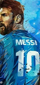 Blue artistic depiction of a football player with number 10 jersey in a dynamic pose.