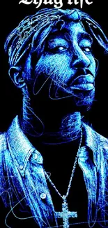 Artistic blue sketch portrait on dark background.