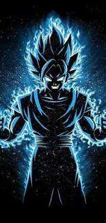 Anime character with glowing blue aura on a dark background.