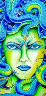 Vibrant blue and green Medusa-themed art wallpaper with snakes.