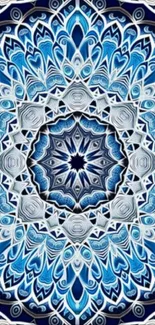 Intricate blue mandala wallpaper design with geometric patterns.