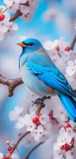 Blue bird perched on cherry blossom branches with a sky blue background.