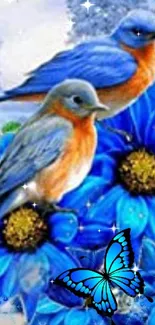 Wallpaper featuring blue birds on flowers with a butterfly over a snowy background.