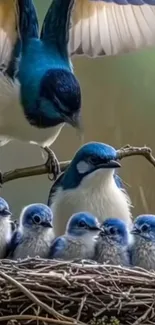 A group of blue birds nesting peacefully.