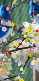 Blue birds perched on white blossoming branches.