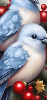 Illustrated blue birds with red berries on holiday-themed branch.