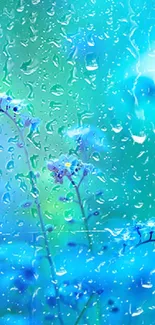 Mobile wallpaper with blue flowers and raindrops creating a serene look.