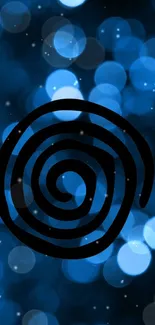 Blue bokeh wallpaper with central black spiral design.