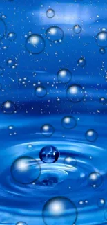 Vibrant blue bubbles floating over water ripples with a serene background.