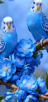 Two blue budgies perched on branches with vibrant blue flowers.
